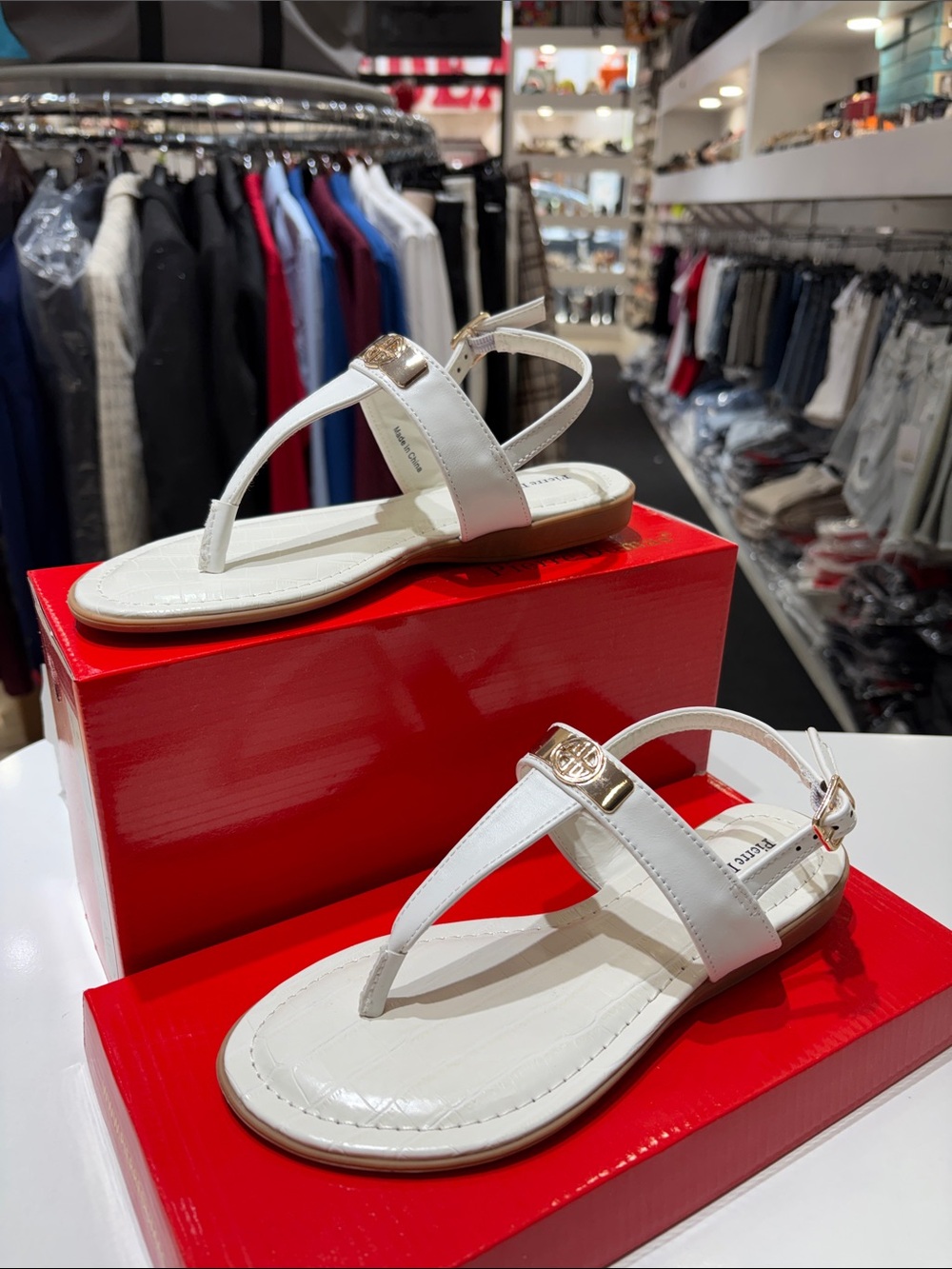 Pierre Dumas White T-Strap Sandal with Gold Accent